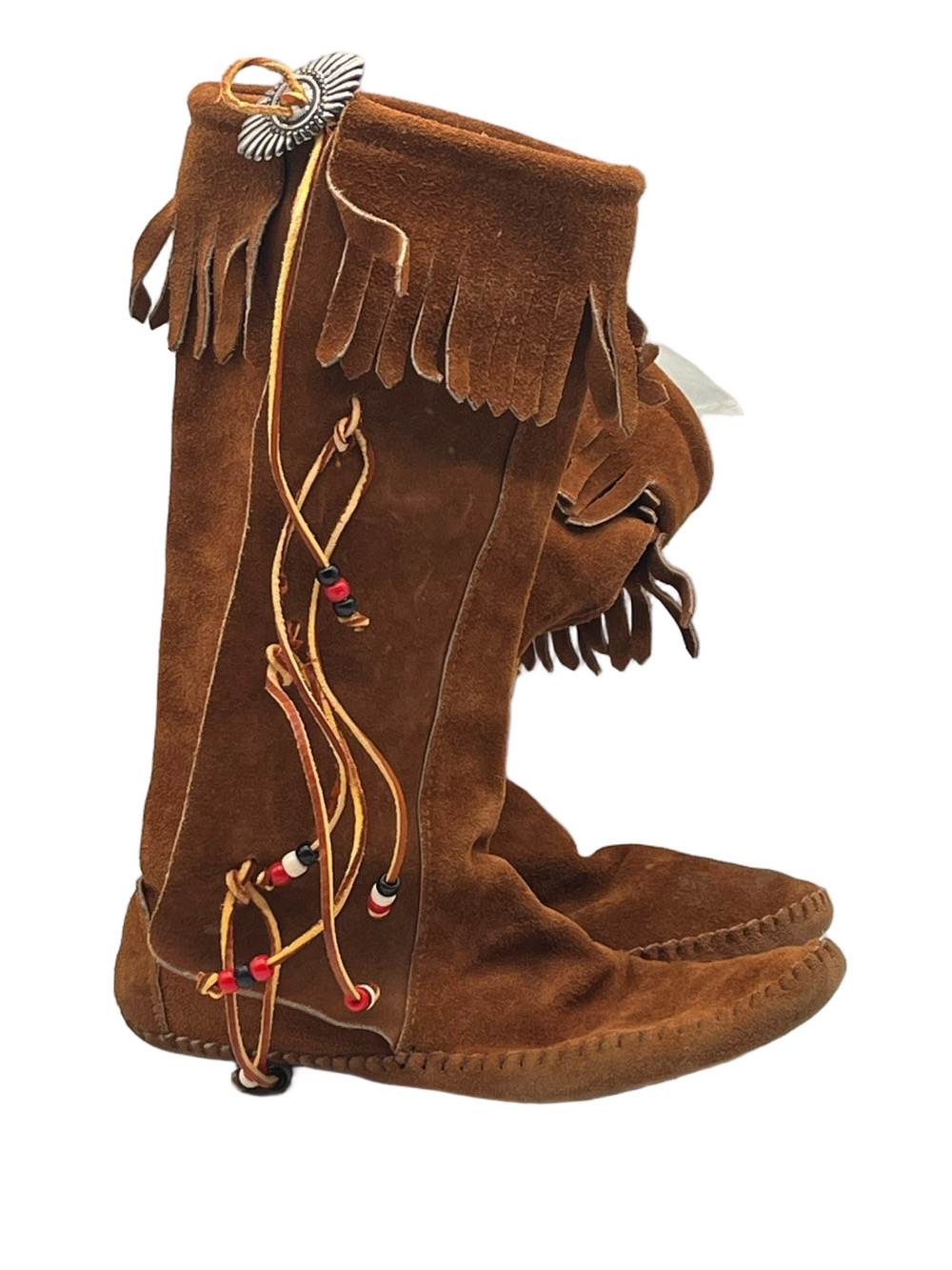 Vintage Taos Brown Suede Fringe Beaded Knee-high Moccasin Boot Men 10.5 Women 12